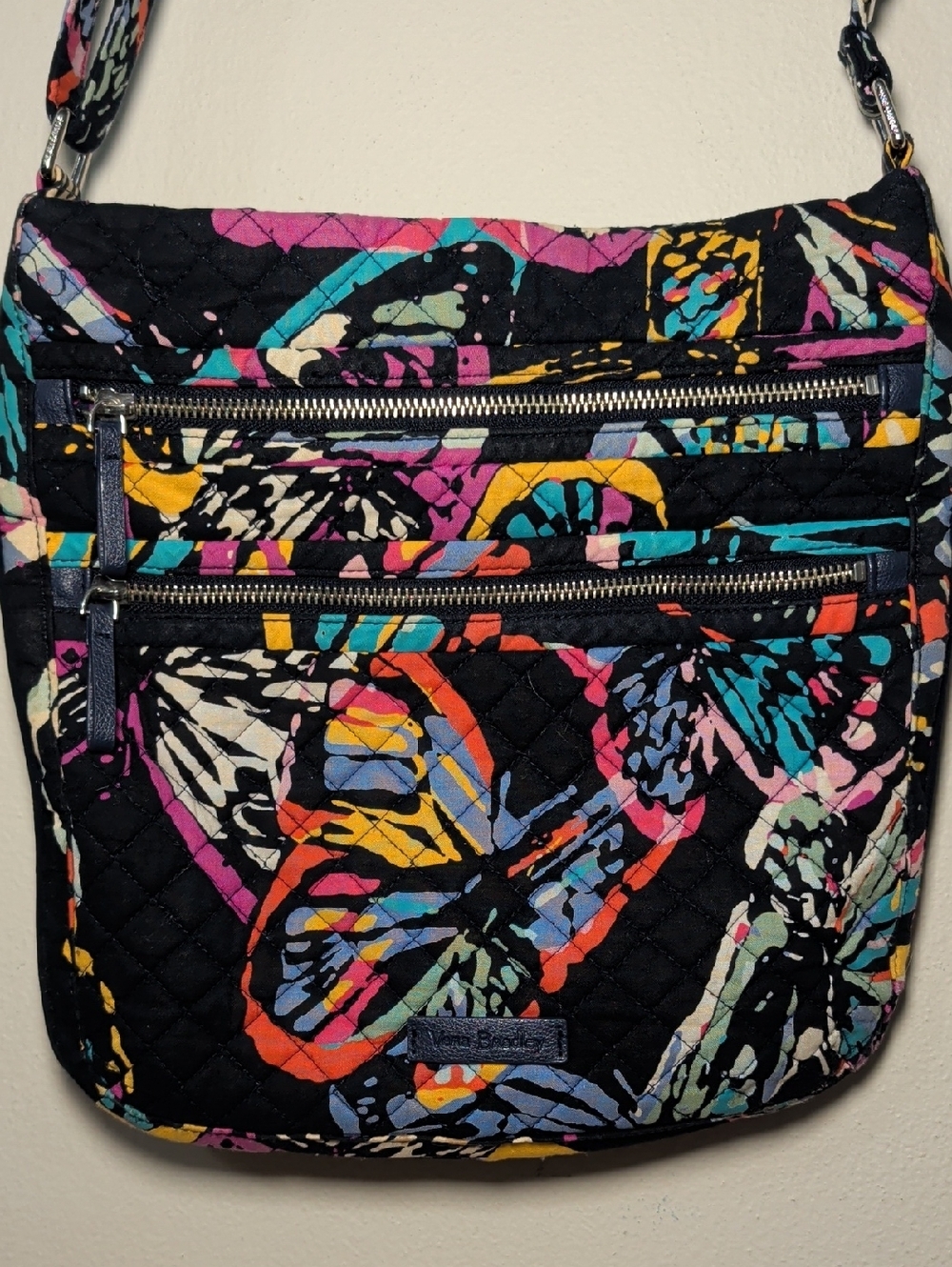 Vera Bradley Triple Zip Hipster Quilted Crossbody Bag Black Butterfly Print - Picture 2 of 9